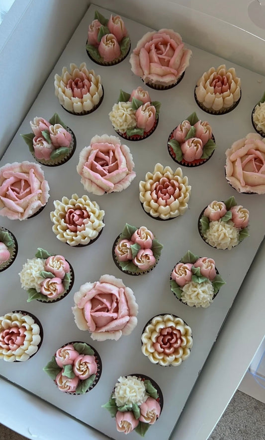 BLUSH - Box of Mini 24 Floral Cupcakes - Edible Florals - Classic Mini 24 - Edible Arrangements - Fresh and Delicate Cupcake Creations - Dessert