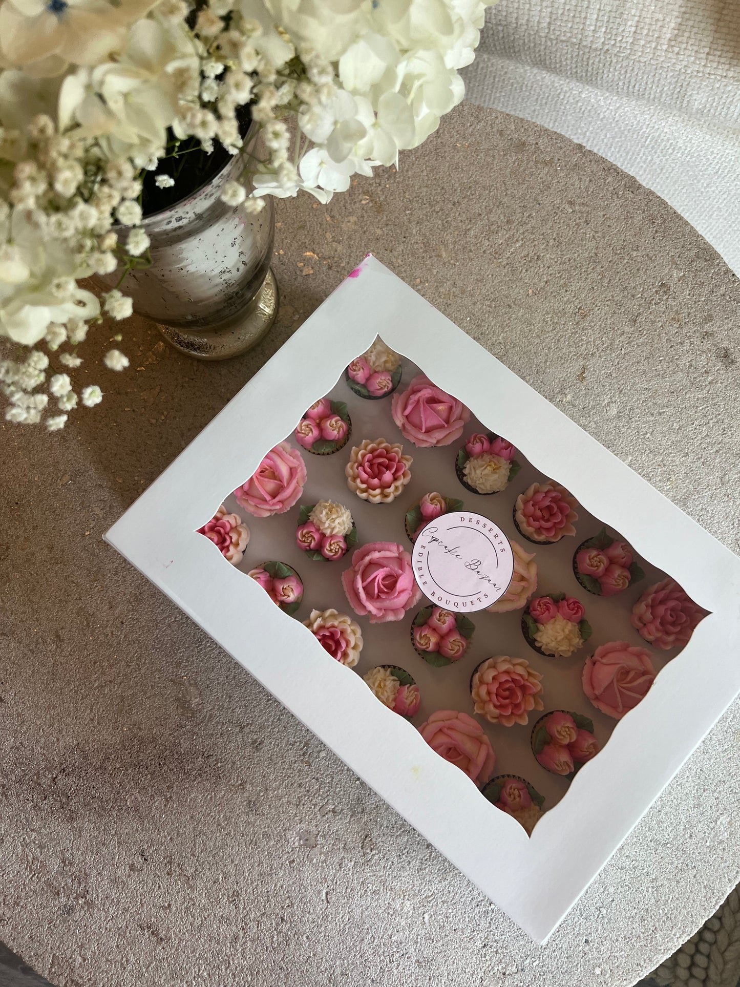 SHADES OF PINK - Box of Mini 24 Floral Cupcakes - Edible Florals - Classic Mini 24 - Edible Arrangements - Fresh and Delicate Cupcake Creations - Dessert