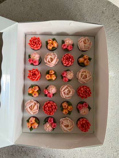 SUNSET - Box of Mini 24 Floral Cupcakes - Edible Florals - Classic Mini 24 - Edible Arrangements - Fresh and Delicate Cupcake Creations - Dessert