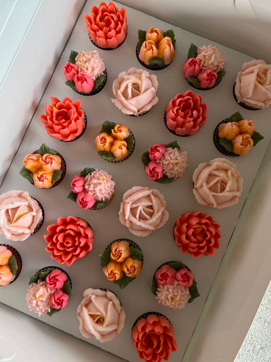 SUNSET - Box of Mini 24 Floral Cupcakes - Edible Florals - Classic Mini 24 - Edible Arrangements - Fresh and Delicate Cupcake Creations - Dessert