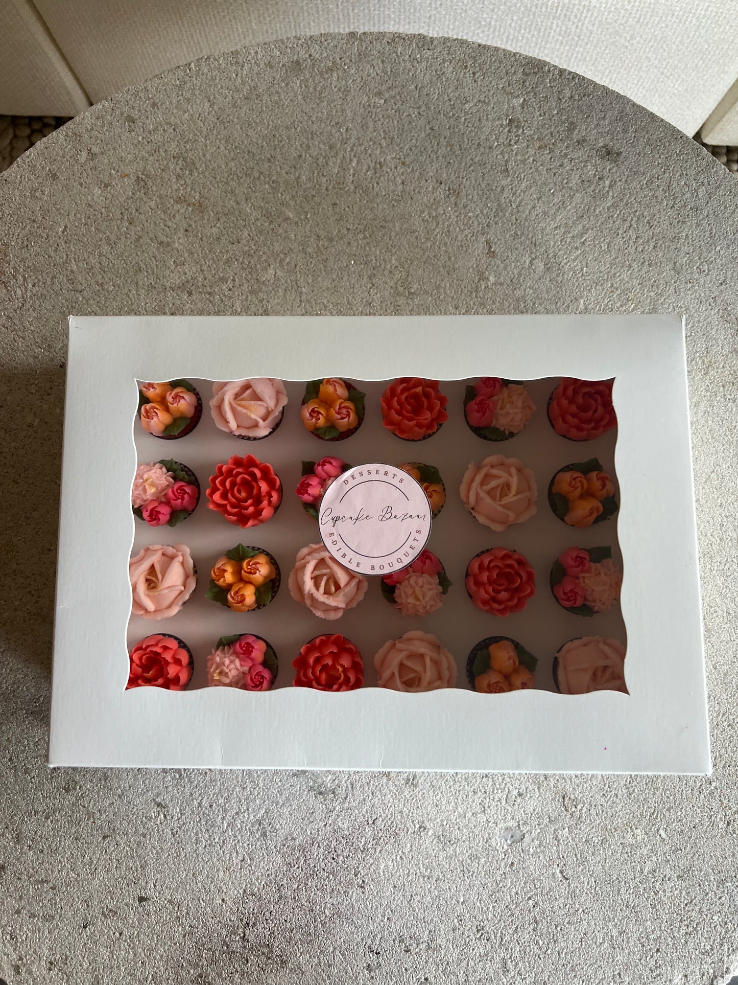 SUNSET - Box of Mini 24 Floral Cupcakes - Edible Florals - Classic Mini 24 - Edible Arrangements - Fresh and Delicate Cupcake Creations - Dessert