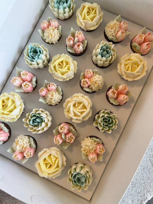 PASTELS - Box of Mini 24 Floral Cupcakes - Edible Florals - Classic Mini 24 - Edible Arrangements - Fresh and Delicate Cupcake Creations - Dessert