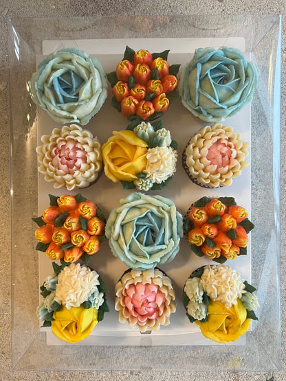 SUMMER - Box of 12 Floral Cupcakes - Edible Florals - Classic Standard 12 - Edible Arrangements - Fresh and Delicate Cupcake Creations - Dessert