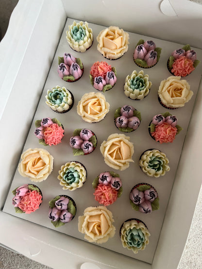 RUMI - Box of Mini 24 Floral Cupcakes - Edible Florals - Classic Mini 24 - Edible Arrangements - Fresh and Delicate Cupcake Creations - Dessert