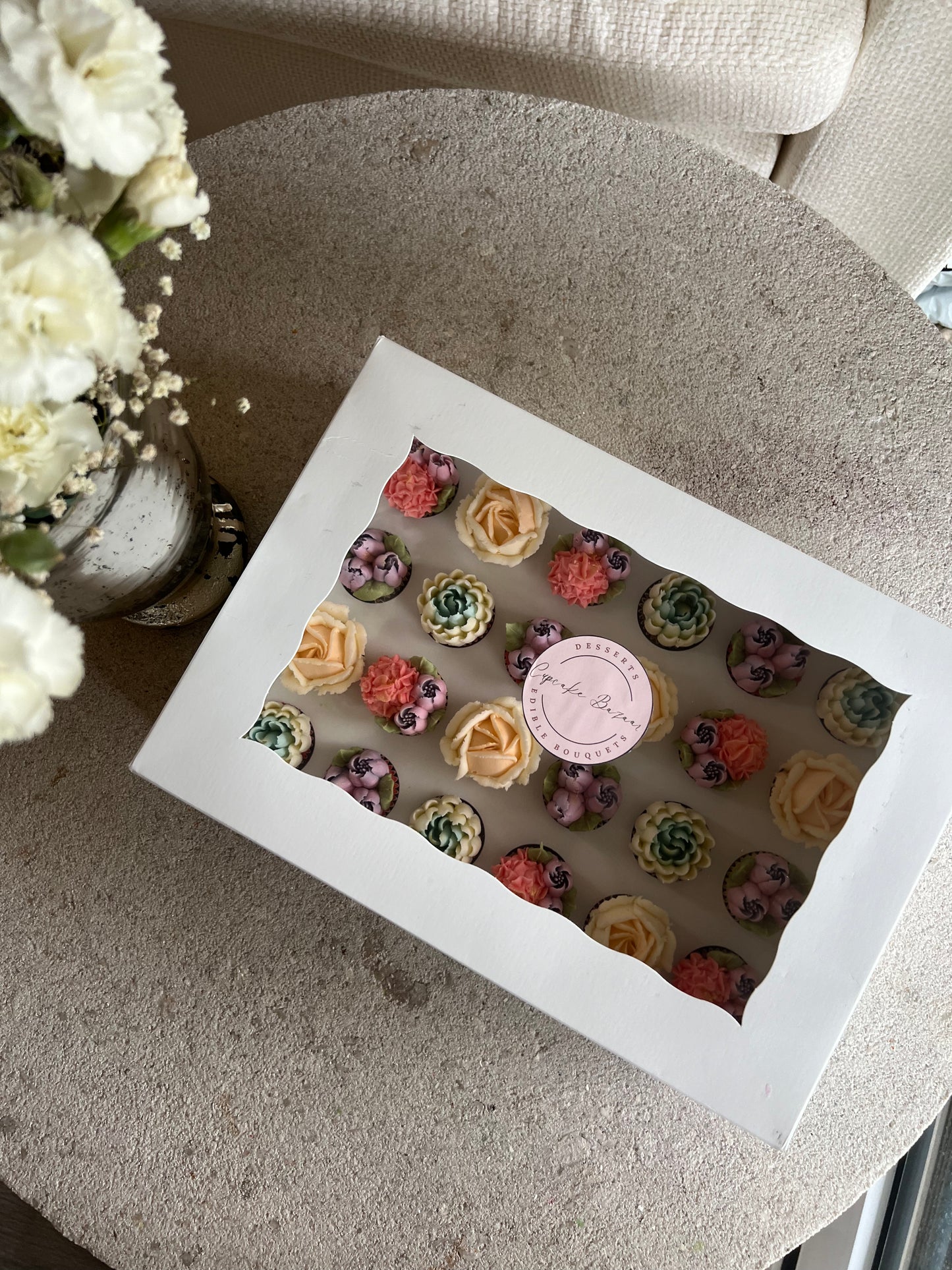 RUMI - Box of Mini 24 Floral Cupcakes - Edible Florals - Classic Mini 24 - Edible Arrangements - Fresh and Delicate Cupcake Creations - Dessert