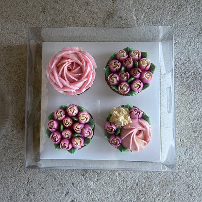 QUEENIE - Box of 4 Floral Cupcakes - Edible Florals - Classic Standard 4 - Edible Arrangements - Fresh and Delicate Cupcake Creations - Dessert