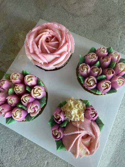 QUEENIE - Box of 4 Floral Cupcakes - Edible Florals - Classic Standard 4 - Edible Arrangements - Fresh and Delicate Cupcake Creations - Dessert