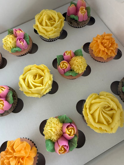 CREAMSICLE - Box of Mini 12 Floral Cupcakes - Edible Florals - Classic Mini 12 - Edible Arrangements - Fresh and Delicate Cupcake Creations - Dessert