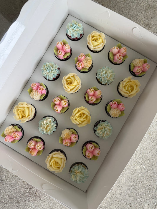 PASTELS - Box of Mini 24 Floral Cupcakes - Edible Florals - Classic Mini 24 - Edible Arrangements - Fresh and Delicate Cupcake Creations - Dessert
