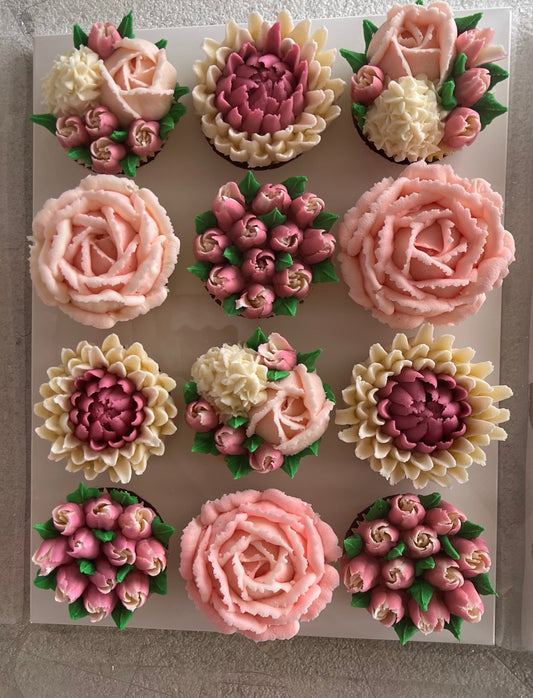 QUEENIE - Box of 12 Floral Cupcakes - Edible Florals - Classic Standard 12 - Edible Arrangements - Fresh and Delicate Cupcake Creations - Dessert