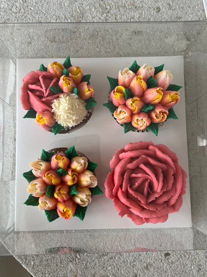 SPRING - Box of 4 Floral Cupcakes - Edible Florals - Classic Standard 4 - Edible Arrangements - Fresh and Delicate Cupcake Creations - Dessert