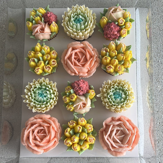 HIGH TEA - Box of 12 Floral Cupcakes - Edible Florals - Classic Standard 12 - Edible Arrangements - Fresh and Delicate Cupcake Creations - Dessert