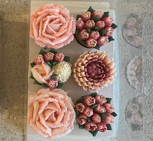 QUEENIE - Box of 6 Floral Cupcakes - Edible Florals - Classic Standard 6 - Edible Arrangements - Fresh and Delicate