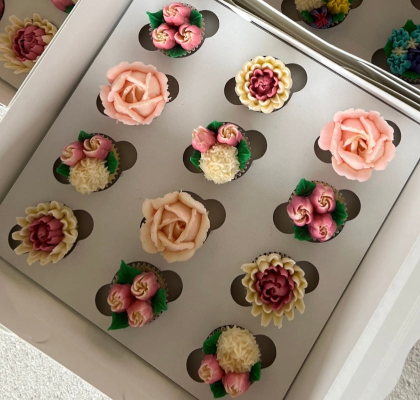 QUEENIE - Box of Mini 12 Floral Cupcakes - Edible Florals - Classic Mini 12 - Edible Arrangements - Fresh and Delicate Cupcake Creations - Dessert