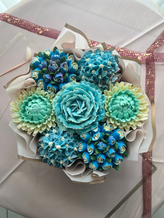 OCEAN - Bouquet of 7 Floral Cupcakes - Edible Florals - Deluxe Bouquet - Edible Arrangements - Fresh and Delicate Cupcake Creations - Flowers in a Box - Dessert