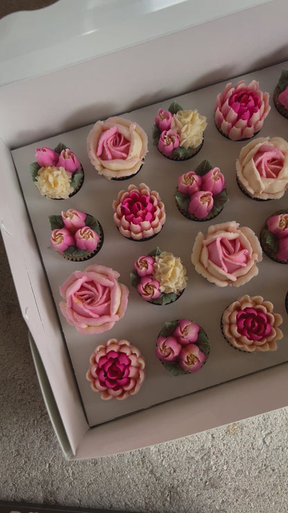 SHADES OF PINK - Box of Mini 24 Floral Cupcakes - Edible Florals - Classic Mini 24 - Edible Arrangements - Fresh and Delicate Cupcake Creations - Dessert