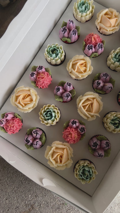 RUMI - Box of Mini 24 Floral Cupcakes - Edible Florals - Classic Mini 24 - Edible Arrangements - Fresh and Delicate Cupcake Creations - Dessert